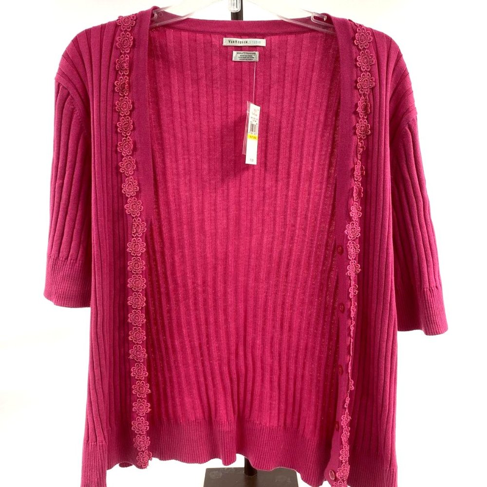 Van Heusen Studio Women's Pink Short Sleeve Floral Rib Knit Cardigan - Size XXL